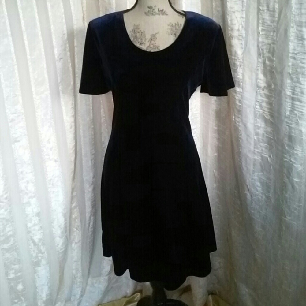 Navy Blue Velvet / Velour Short Sleeve Dress